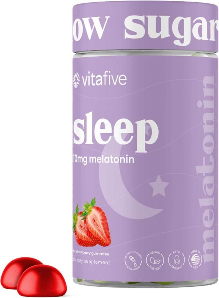 vitafive Extra Strength Melatonin Gummies, 10 mg Melatonin, Sleep Aid for Adults, Low Sugar, Vegan, Gluten Free Melatonin Supplement (50 Ct)