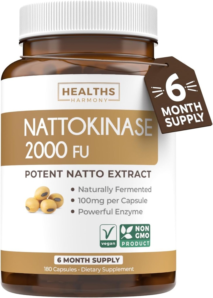 Healths Harmony Nattokinase 2000 FU (Non-GMO) Powerful Nattokinase Supplement Made from Naturally Fermented Soybeans - (6 Month Supply) 180 Vegan Natto Capsules