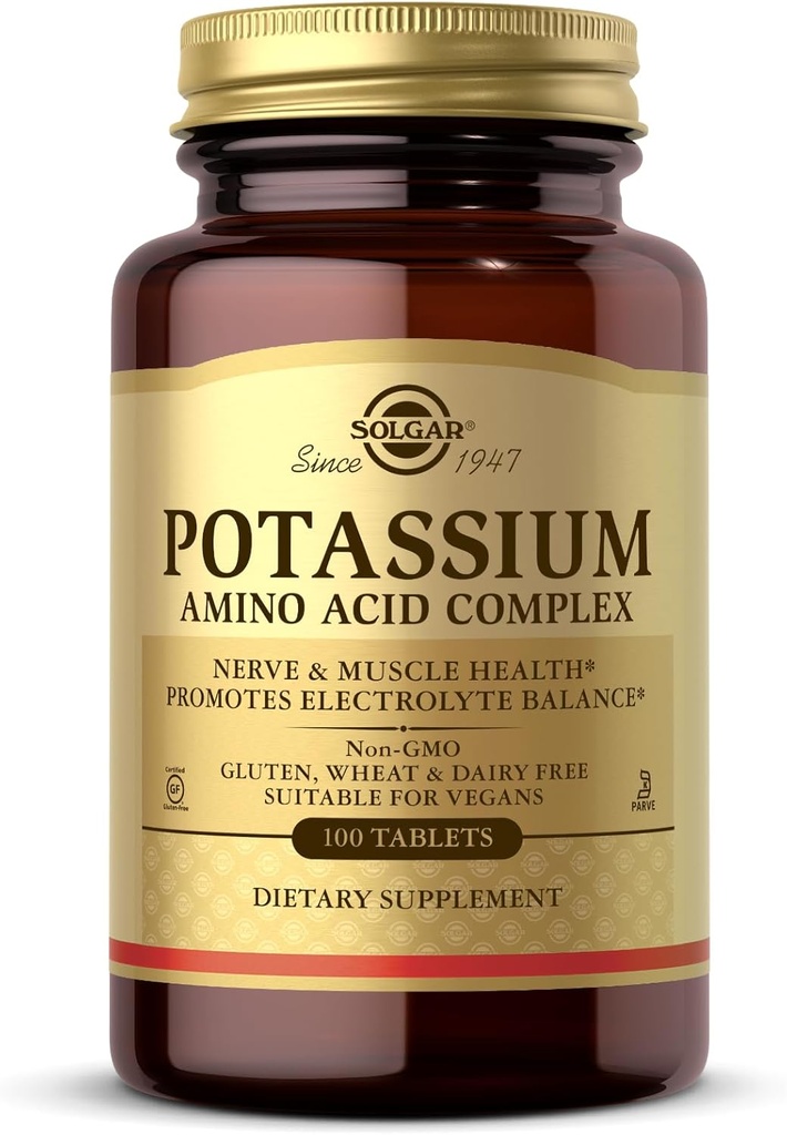 Solgar Potassium Amino Acid Complex - 100 Tablets - Promotes Electrolyte Balance - Non-GMO, Vegan, Gluten Free, Dairy Free, Kosher - 100 Servings