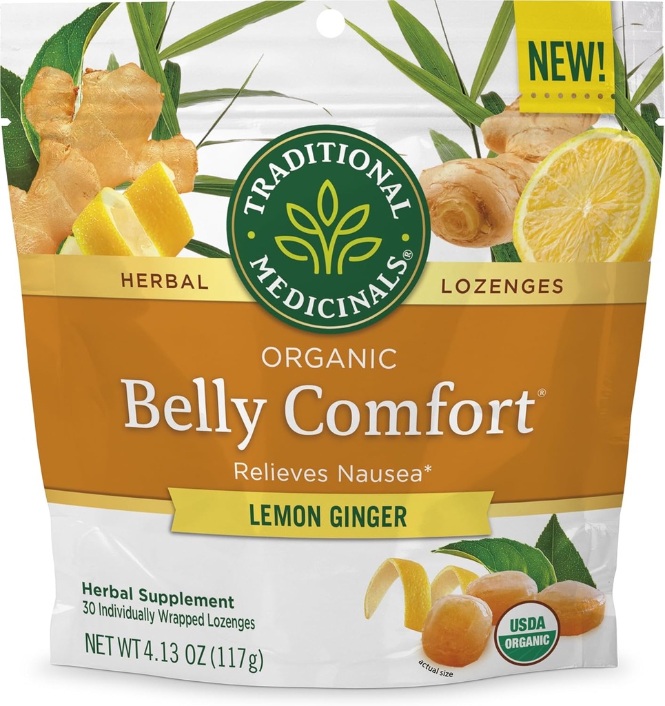Traditional Medicinals Organic, Belly Comfort Lozenges, Lemon Ginger - Supports Nausea Relief and Occasional Indigestion - Kosher, Non-GMO, Stimulant-Free - 30 Individually Wrapped Lozenges