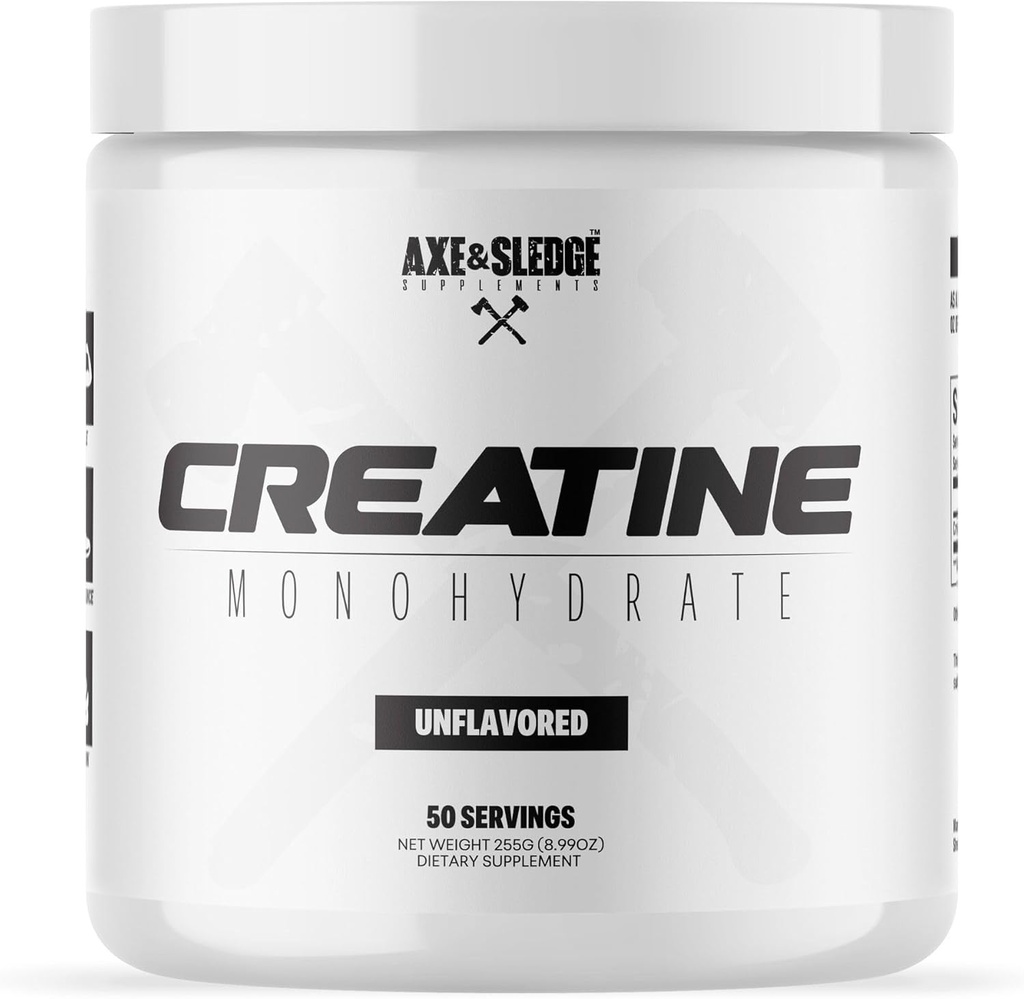Axe & Sledge Basics Creatine | Unflavored, Enhances Strength & Performance, Increases Lean Body Mass, 50 Servings | Pure Creatine Monohydrate, No Fillers or Artificial Substances | 50 Servings