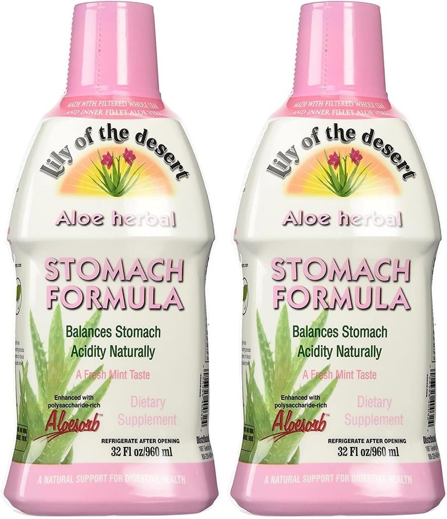 Lily Of The Desert Stomach Formula, Organic Aloe Vera Juice with Slippery Elm, Chamomile, Peppermint, and Ginger for Gut Health, Acid Reflux, Heartburn Relief, 32 Oz (Pack of 2)