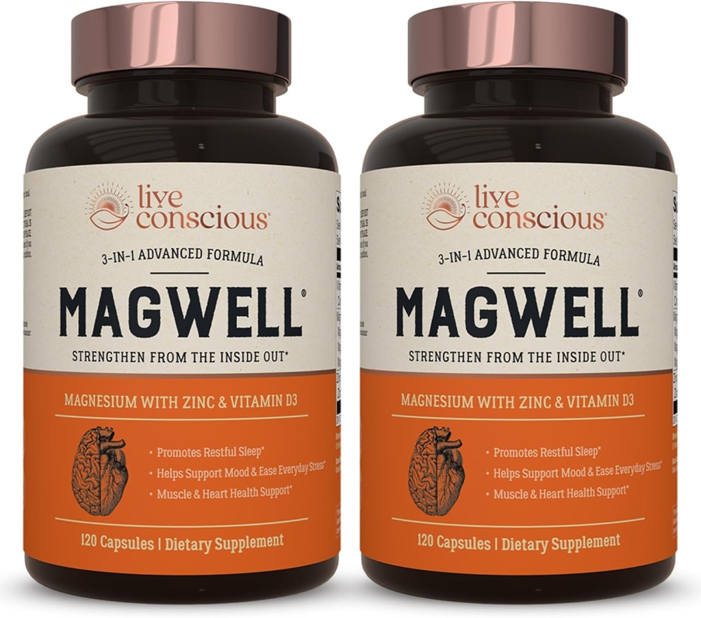 Live Conscious Magnesium Zinc & Vitamin D3 - Bioavailable Forms of Magnesium - Malate, Glycinate, Citrate - MagWell Bone & Heart Health, Immune System Support - 120 Capsules (2-Pack)