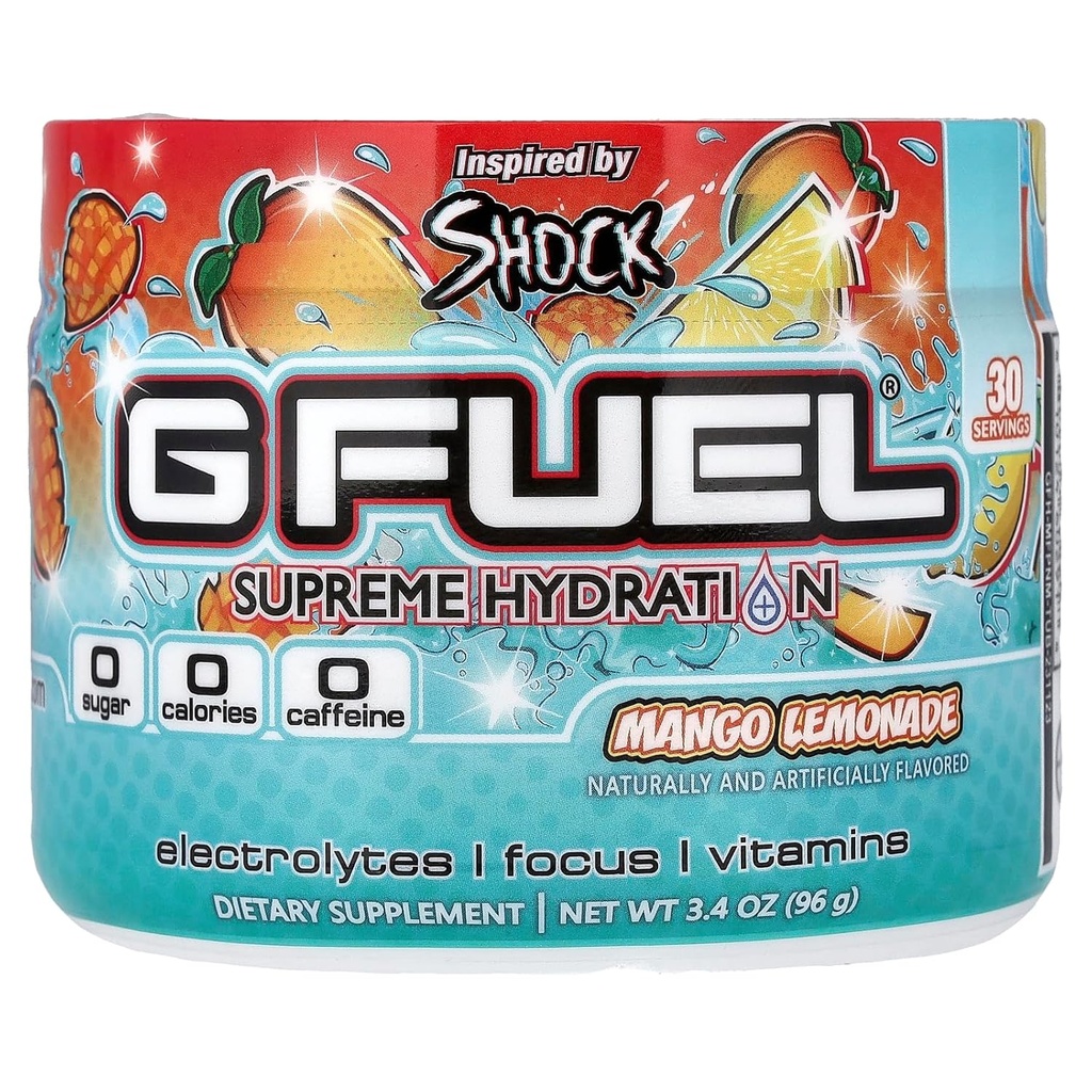 G Fuel Mango Lemonade Supreme Hydration, Electrolyte Powder Mix for Energy & Focus, Sugar and Caffeine Free Supplement with Essential Vitamins & Minerals, Mango Lemonade Flavor, 3.4 oz - 30 Servings