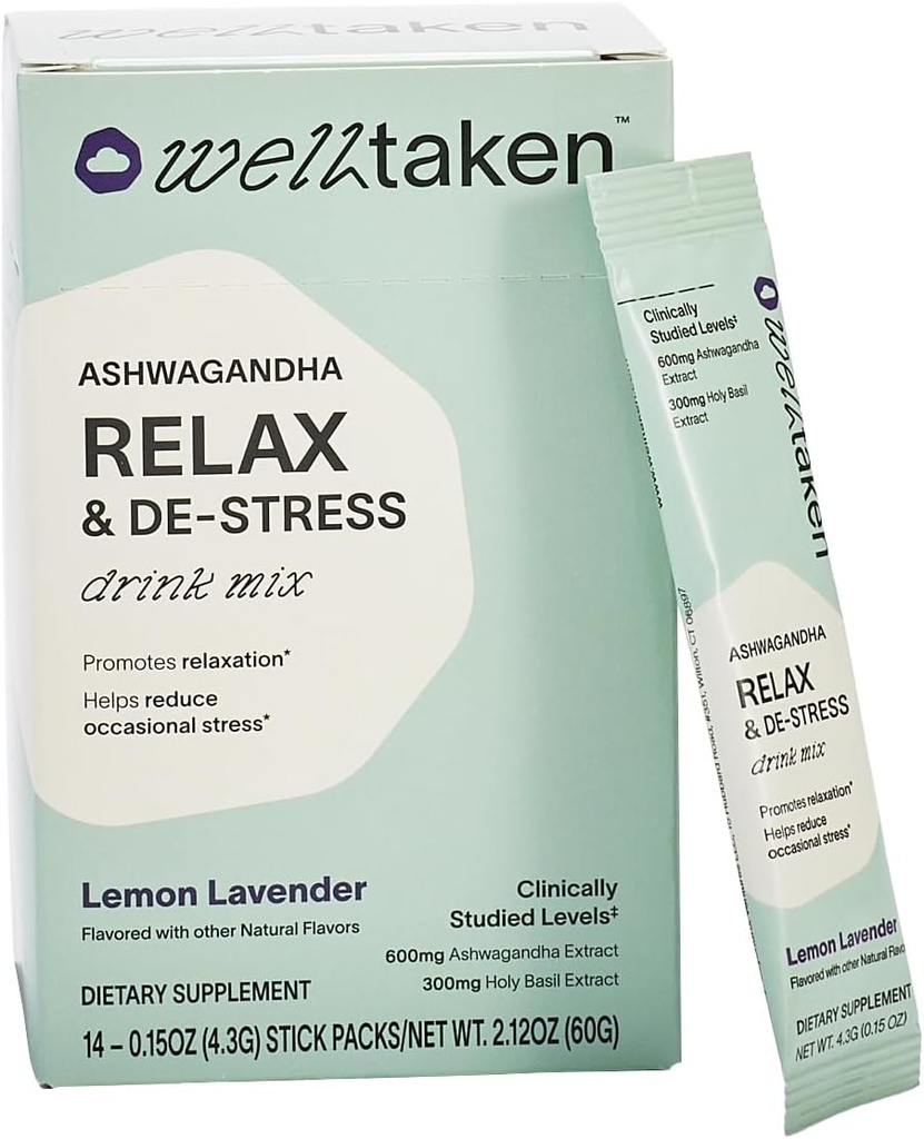 Ashwagandha Relax & De-Stress Powder - Lemon Lavender 14ct Box - 600mg Ashwagandha, 200mg L-Theanine, Holy Basil – Supports Stress, Relaxation – Vegan, No Added Sugar - 14 Servings