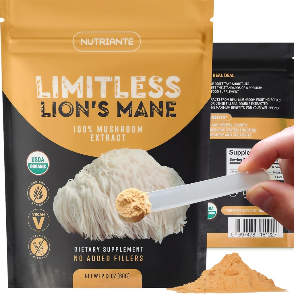 Premium USDA Organic Lions Mane Extract Powder – Pure Nootropic Mushroom Supplement for Focus, Memory, Nerve & Immune Support – 15:1 Dual Extract, Vegan, Gluten-Free, Non-GMO by Nutriante, 2.12 Oz