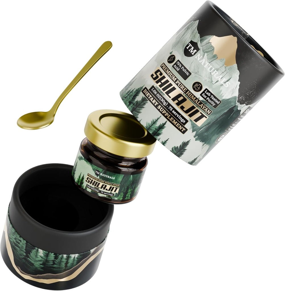 Shilajit Resin - 75% Fulvic Acid, 85+ Trace Minerals, Supports Vitality & Stamina - Includes Steel Spoon, 30g, Lab Tested for Purity