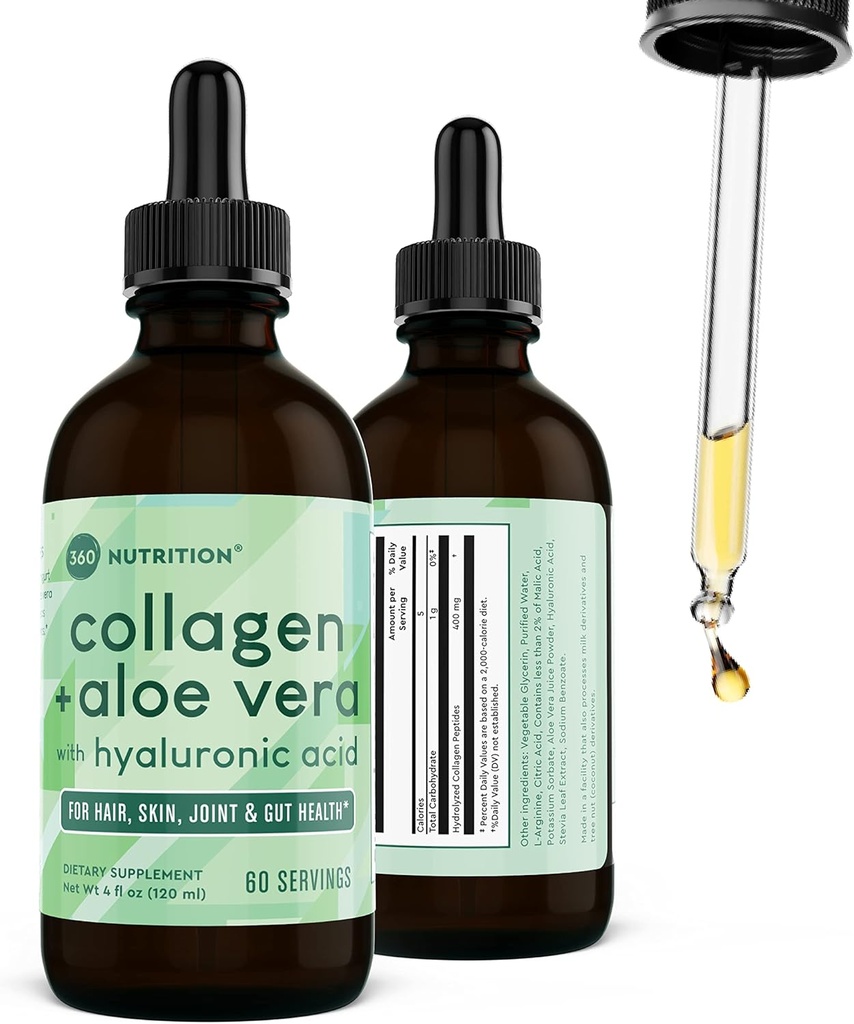 360 Nutrition Liquid Collagen + Aloe Drops | Natural Detox, Radiant Skin, Cleansing and Digestion Support | 60 Servings Per Container (Collagen + Aloe)
