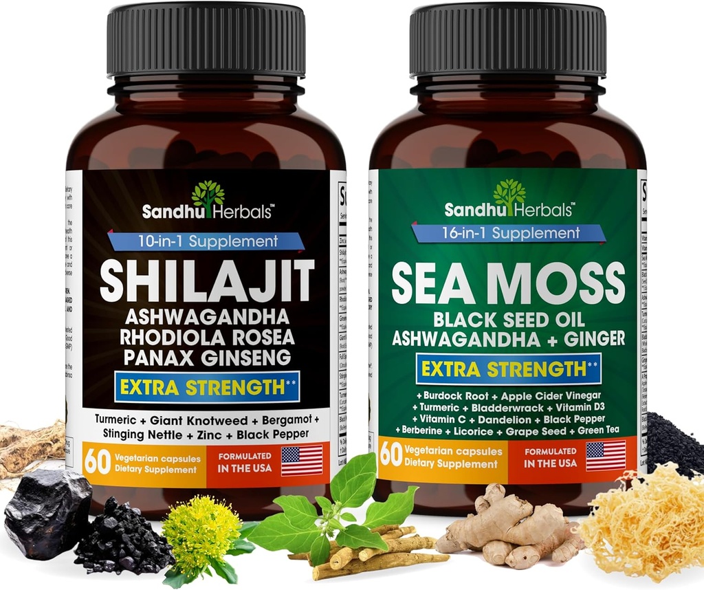 Shilajit Sea Moss Ashwagandha Combo Bundle - Black Seed Oil, Turmeric, Rhodiola Rosea, Panax, Ginseng Supplement | 120 Capsules, Better Than Gummies, Resin | Seamoss for Men & Women