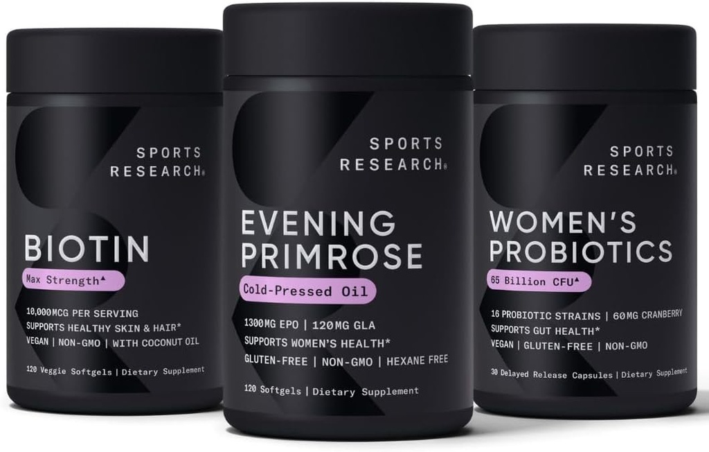 Sports Research Evening Primrose Supplement from Cold Pressed Oil, Vegan Biotin 10,000mcg with Coconut Oil & Women's Probiotics with Prebiotics, 65 Billion CFU