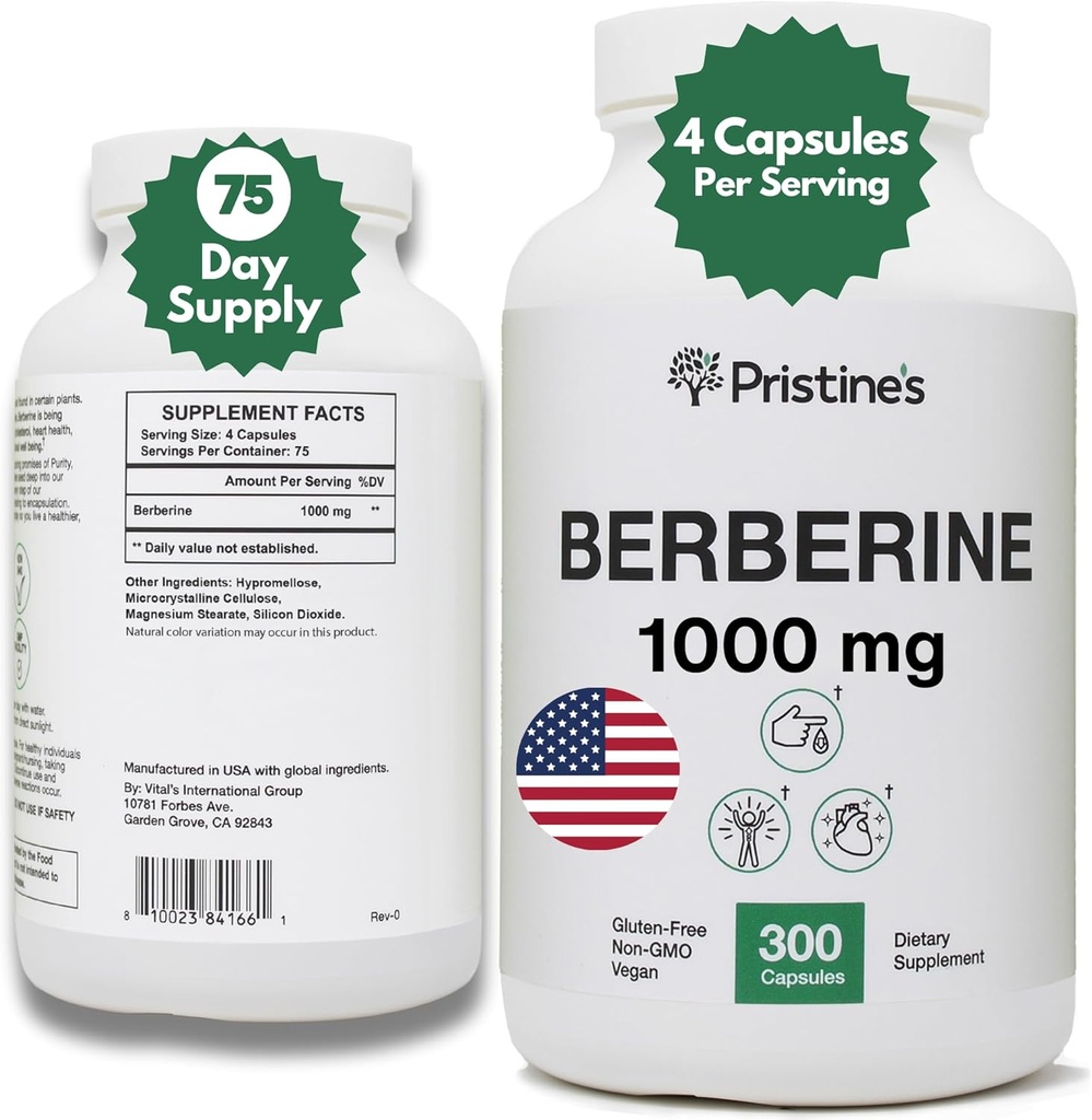 PRISTINE'S Berberine Supplement Capsules - 1000 MG 75 Day Supply - Heart, & Immunity Health Support Antioxidant - Digestive Tract & Healthy Gut Flora Support