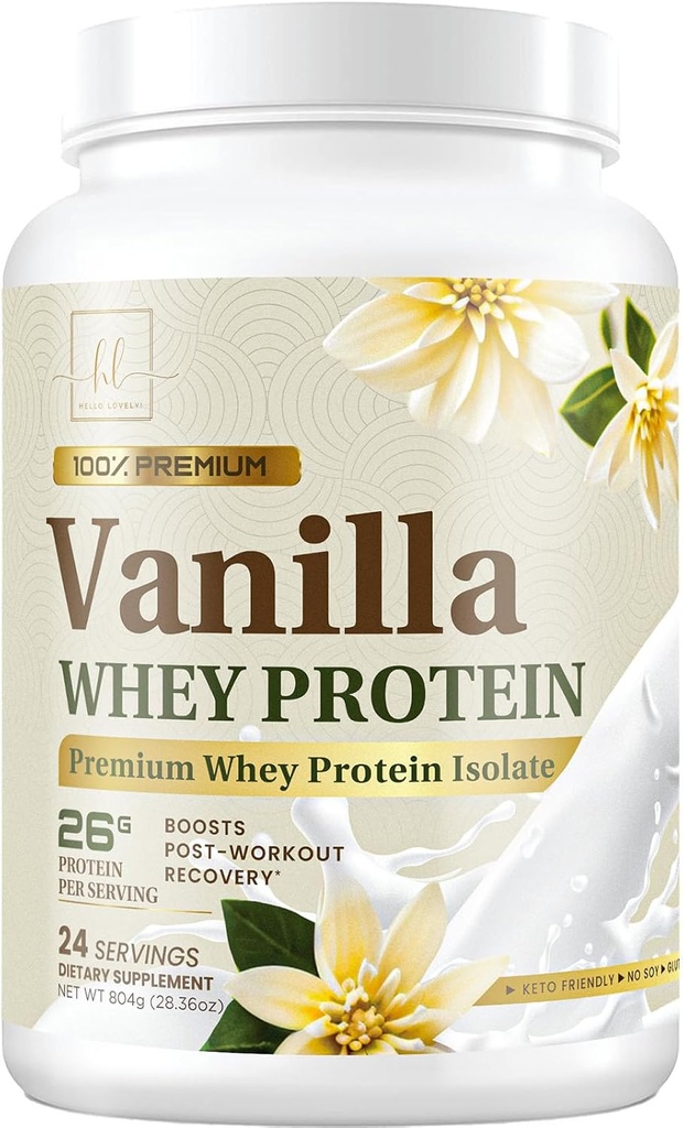 Whey Protein Powder Vanilla 26g - 100% Pure Grass-Fed Whey Protein & BCAAs - Support Muscle Growth, Recovery & Fitness - Gluten Free, Fast Absorbing, Easy to Digest for Women & Men - 24 Servings