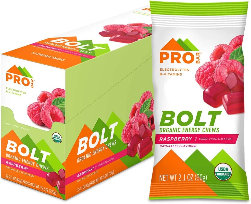PROBAR - BOLT Organic Energy Chews, Raspberry, Non-GMO, Gluten-Free, USDA Certified Organic, Healthy, Natural Energy, Fast Fuel Gummies with Vitamins B & C (12 Count)