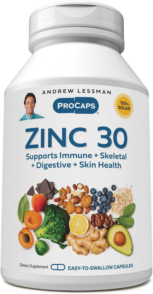 ANDREW LESSMAN Zinc 30mg - 60 Capsules - Highly absorbable Zinc Citrate. Supports Immune, Skeletal, Digestive and Skin Health. Small Easy to Swallow Capsules. No Additives
