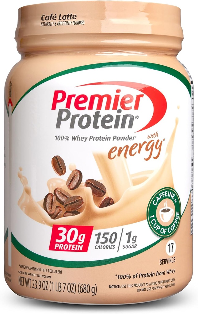 Premier Protein Powder, Café Latte, 30g Protein, 1g Sugar, 100% Whey Protein, Keto Friendly, Gluten Free, No Soy, 95mg Caffeine for Energy, 23.9 oz (17 Servings)