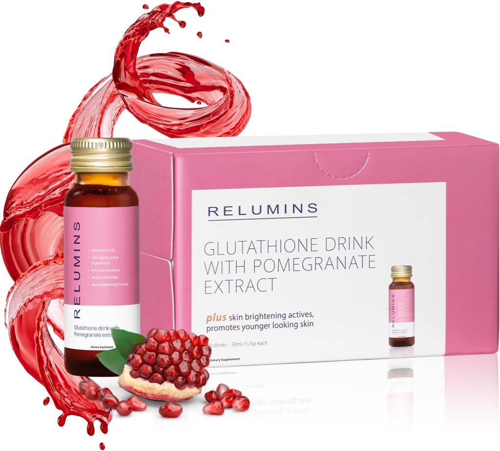Relumins Glutathione Hydration Shots | Holiday Glow | Deep Skin Hydration, Collagen & Antioxidant Boost for Radiant, Supple Skin | Pomegranate Flavor Beauty Drink | Made in USA | 10 Bottles x 50ml