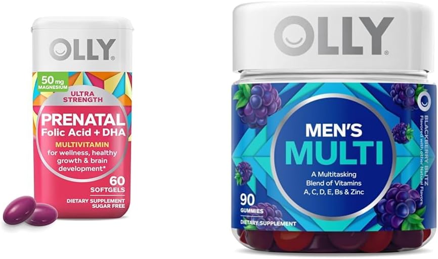 OLLY Prenatal Multivitamin Softgels and Men's Multivitamin Gummy Vitamins Bundle, 60 and 90 Count
