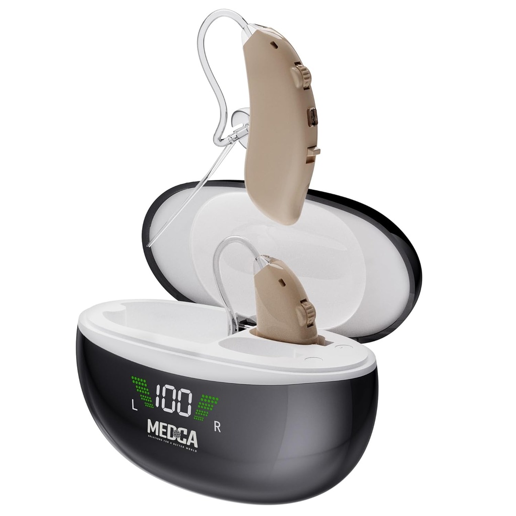 Rechargeable Hearing Aids for Seniors - BTE Digital Hearing Amplifier with Noise Cancelling for Moderate to Severe Hearing Loss, RIC 16 Channel Noise Cancelling Hearing Aid, Magnetic Charging Case
