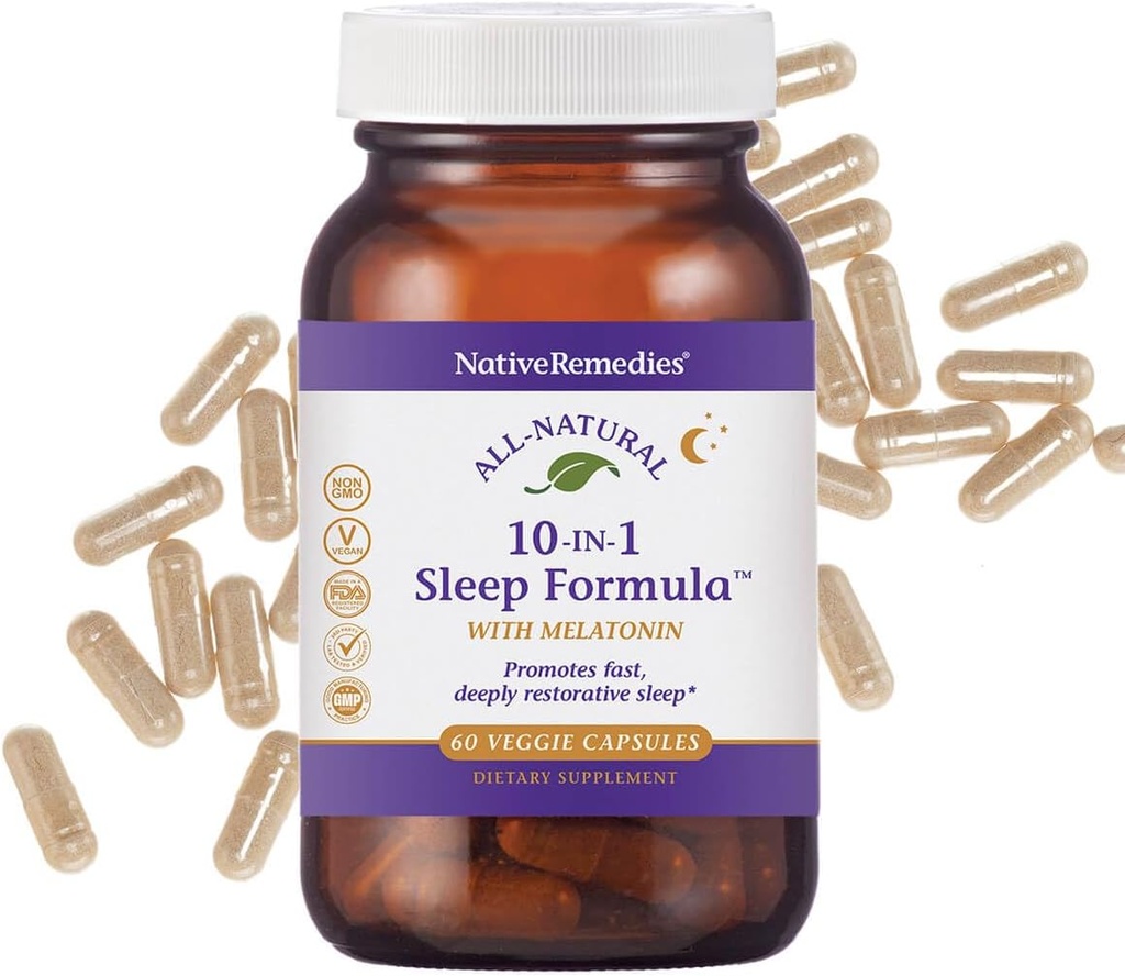 Native Remedies 10-in-1 Natural Sleep Aid for Adults & Kids 4+ – Herbal Sleep Supplement with Melatonin 5mg, Magnesium, Valerian Root, Chamomile & L-Tryptophan – Non-Habit Forming, Vegan, 60 Capsules