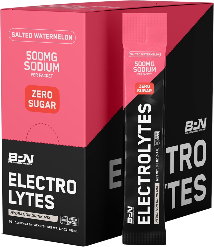 BARE PERFORMANCE NUTRITION BPN Electrolytes Go Packs Hydration Drink Mix | Sugar Free Electrolyte Powder | 500mg Sodium per Serving | Naturally Sweetened | Salted Watermelon, 30 Servings