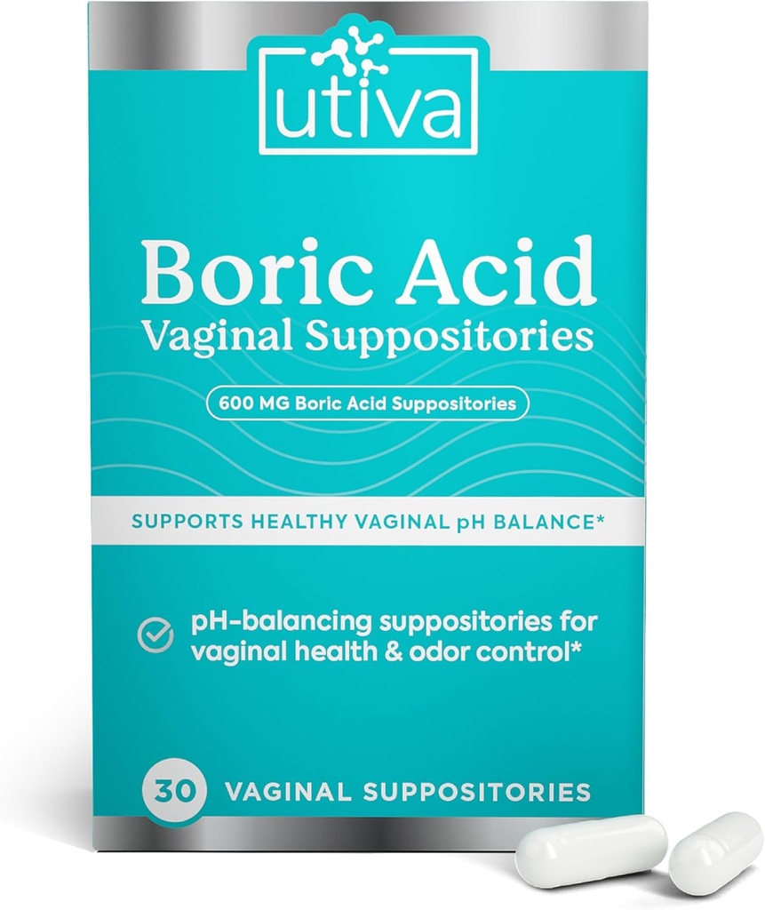 Utiva Boric Acid Suppositories for Women - pH Balance - Feminine Care - 600mg Boric Acid to Lower pH and Support Vaginal Health, BV Treatment for Women, 30 Vaginal Suppositories