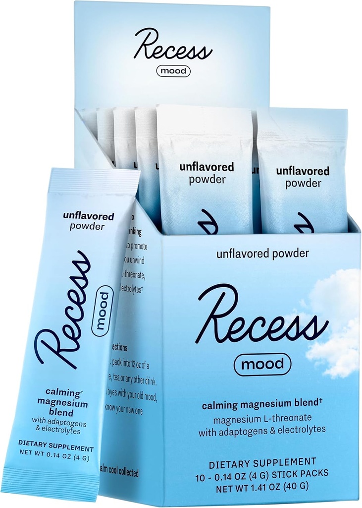 Recess Mood Powder, Magnesium L-Threonate Blend with Passion Flower, L-Theanine, Electrolytes, Magnesium Calm Support Powder Supplement - Unflavored-Pack of 10