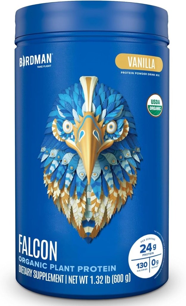 BIRDMAN Falcon Organic Vegan Protein Powder Vanilla, 24g Protein, Sugar Free, Probiotics, Low Carb, Keto Friendly, Dairy Free, Lactose Free, Non Whey, Plant Based Pea Protein Powder - 18 Servings
