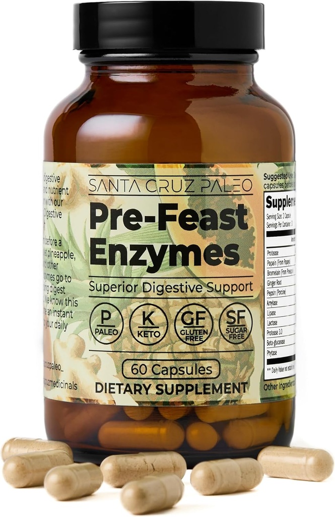 Santa Cruz Paleo, Pre-Feast Digestive Enzymes Supplement, Multi Enzyme for Women and Men, Fiber Supplement for Gut Health & Digestive Health, Gluten Free, Keto, Paleo, Sugar Free, 60 Capsules