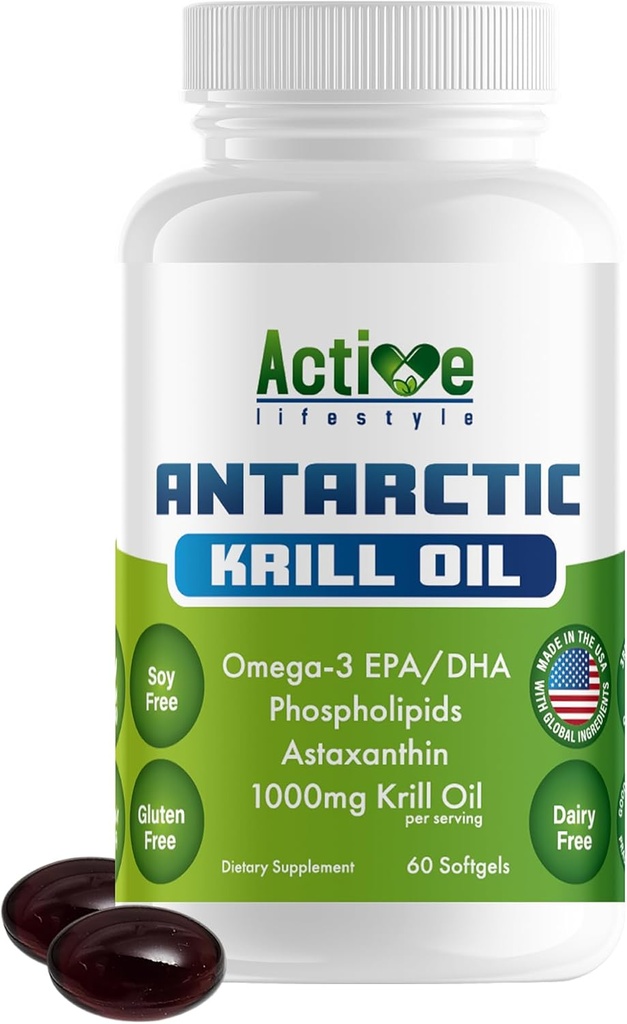 Active Lifestyle Antarctic Krill Oil Supplement, High Absorption EPA, DHA, Astaxanthin & Phospholipid, Red Krill, GMO Free, Gluten Free, Soy Free, Dairy Free, Lab Tested, Made in USA
