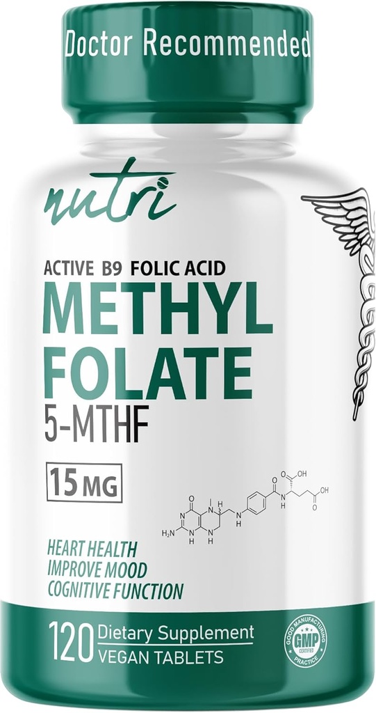 Nutri 5-MTHF L Methylfolate 15MG - 4 Month Supply, 120 Vegan Tablets - Methylated Folate Supplement - Cognitive Function, Heart Health, Prenatal Support - Methylated Folic Acid - 3rd Party Tested