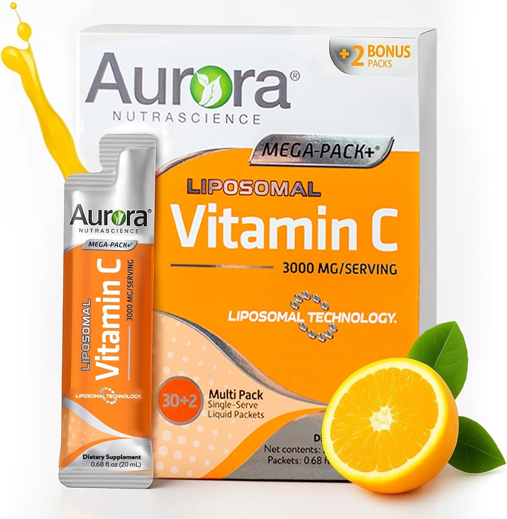 Vida Lifescience Aurora Nutrascience Mega-Pack Liposomal Vitamin C, Immune Support, 3,000 mg per Serving, Vegan, Gluten Free, Non-GMO, 32 Single Serve Packets, Orange
