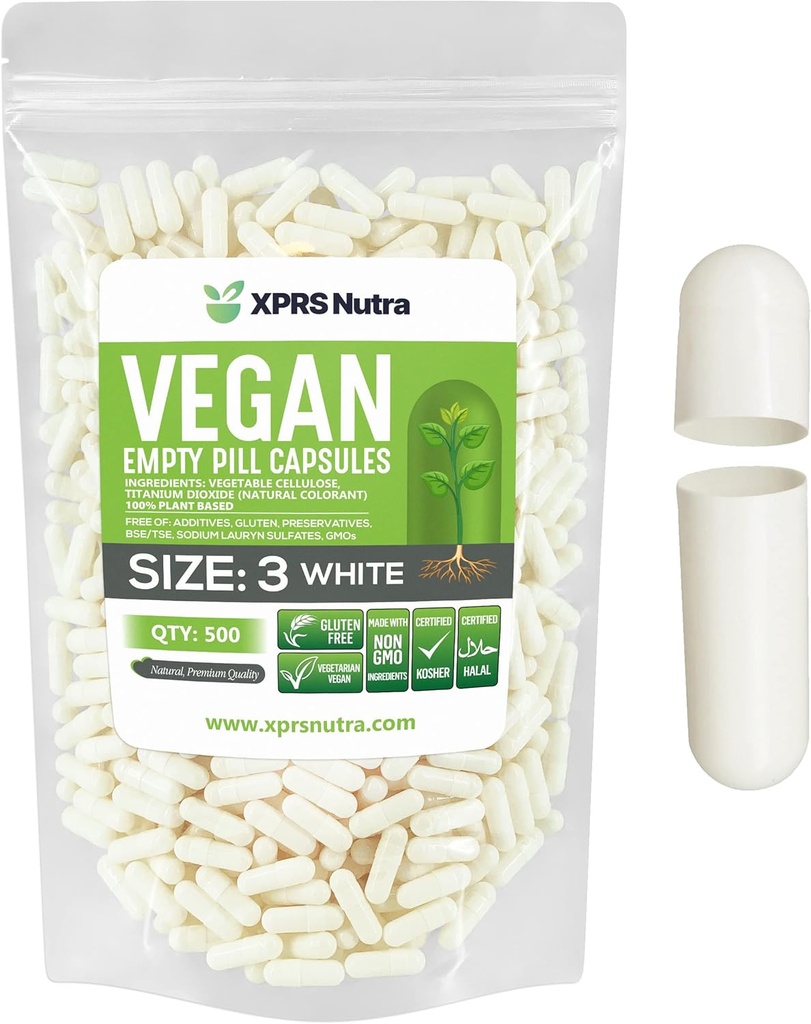 XPRS Nutra Size 3 Empty Capsules - 500 Count Empty Vegan - Vegetarian Pills - DIY Vegetable Capsule Filling - Veggie Pill Caps (White)