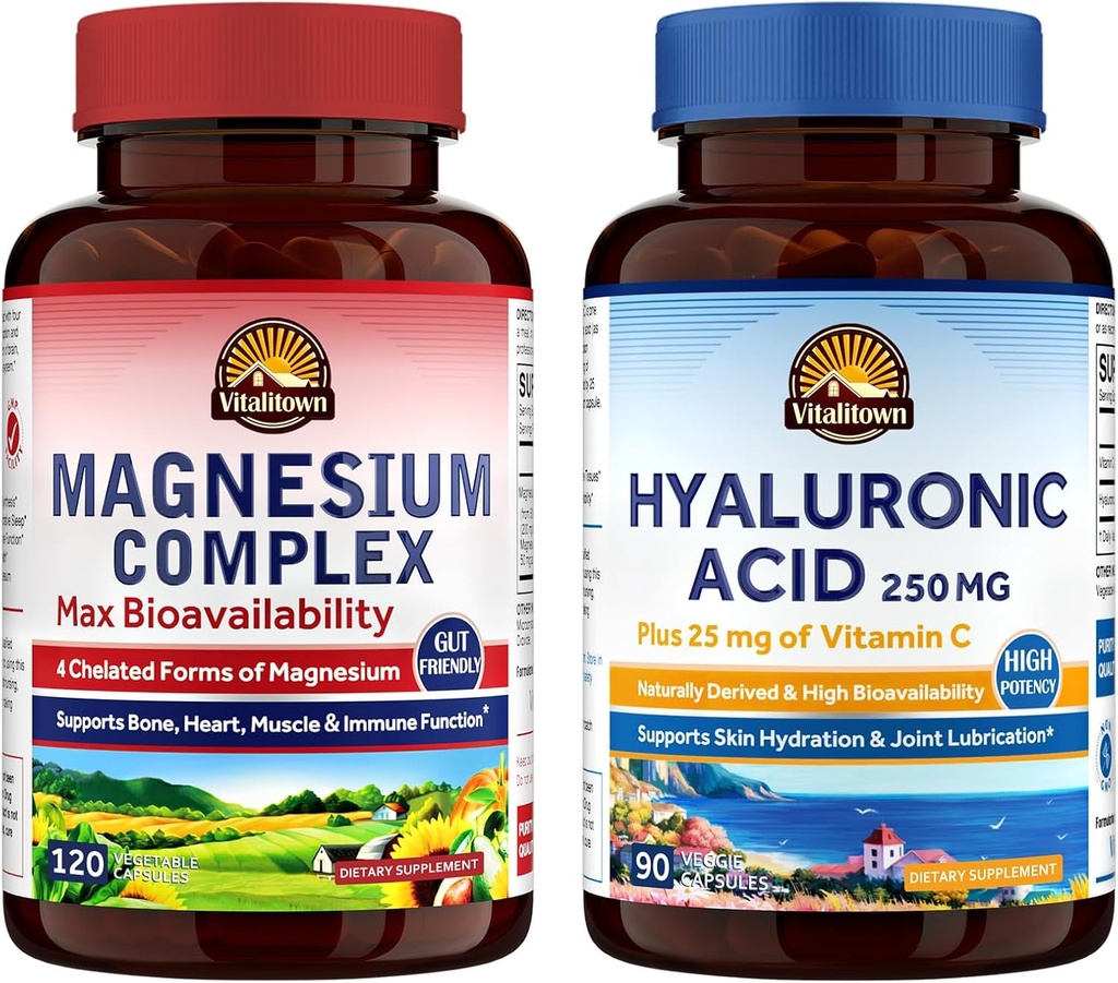 Vitalitown Magnesium + Hyaluronic Acid Bundle| Magnesium Complex (Item 1) & Hyaluronic Acid Plus Vitamin C (Item 2) | 120 Magnesium Capsules & 90 Hyaluronic Acid Capsules