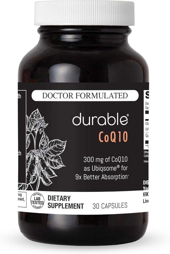 Durable CoQ10 – 300mg Coenzyme Q10 Phytosome with 9X Better Absorption + Quercetin – Heart, Energy & Cellular Support – Doctor Formulated, Vegan, Non-GMO, Made in USA, Once-Daily (30 Capsules)