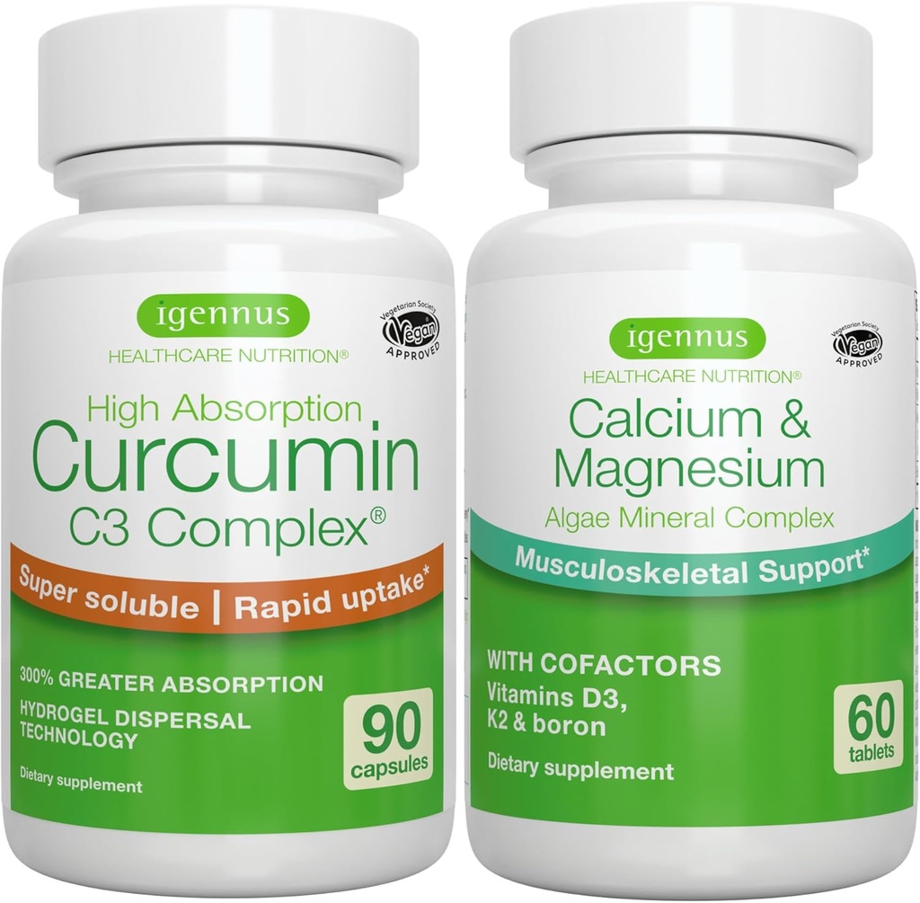 Algae Calcium & Magnesium Complex + High Absorption Curcumin C3 Complex, Vegan Bundle for Bones, Joints & Recovery from Exercise, by Igennus