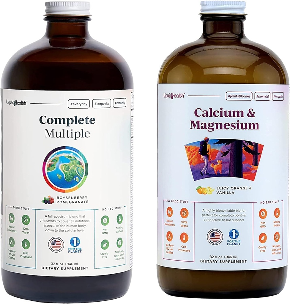 LIQUIDHEALTH Complete Multiple Multivitamin & Calcium and Magnesium Liquid Vitamin Bundle for Adults - Whole Body Health, Immune System, Bone & Joint Support - Whole Foods, Vegan, Non-GMO, USA Made