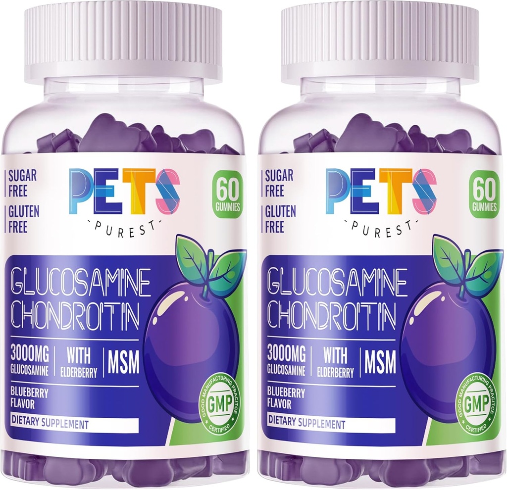 Pets Purest Glucosamine Chondroitin Gummies with MSM & Elderberry Extra Strength - Joint Support, Antioxidant Immune Support Supplement for Adults, Men & Women.(2 Pack) Blueberry