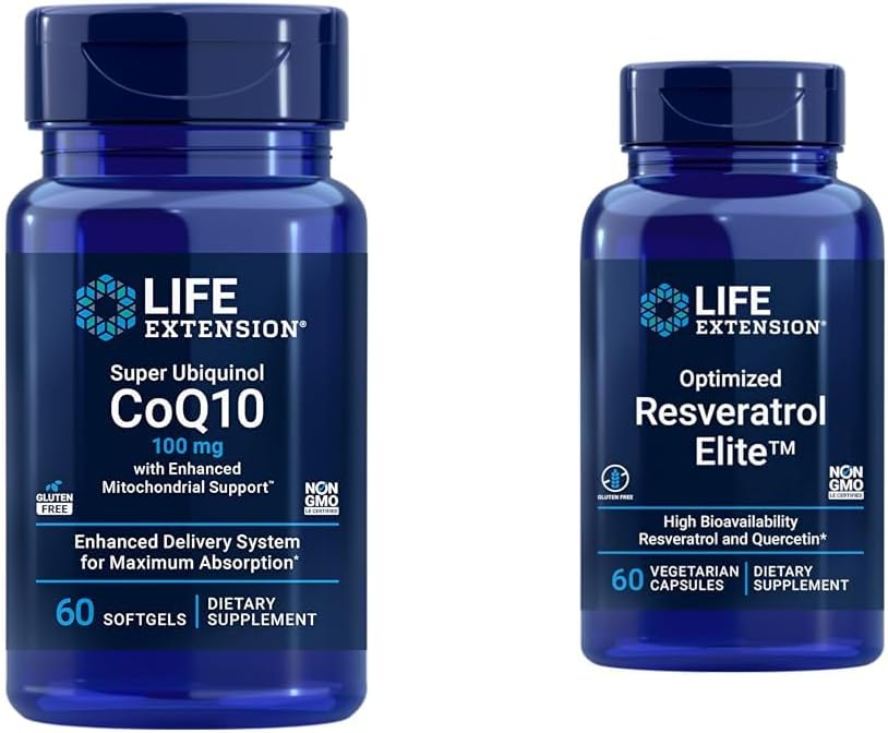Life Extension Super Ubiquinol CoQ10 60 Softgels and Optimized Resveratrol Elite 60 Vegetarian Capsules Bundle