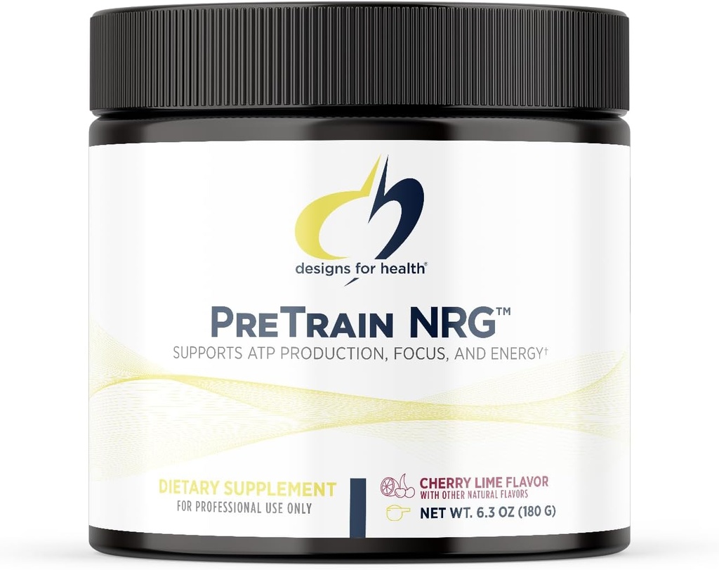 Designs for Health PreTrain NRG Drink Mix - Pre-Workout Powder with Creatine + Green Coffee - Supports Focus, Power + Mental Energy in Athletes - None-GMO, Cherry Lime Flavor (20 Servings / 180g)