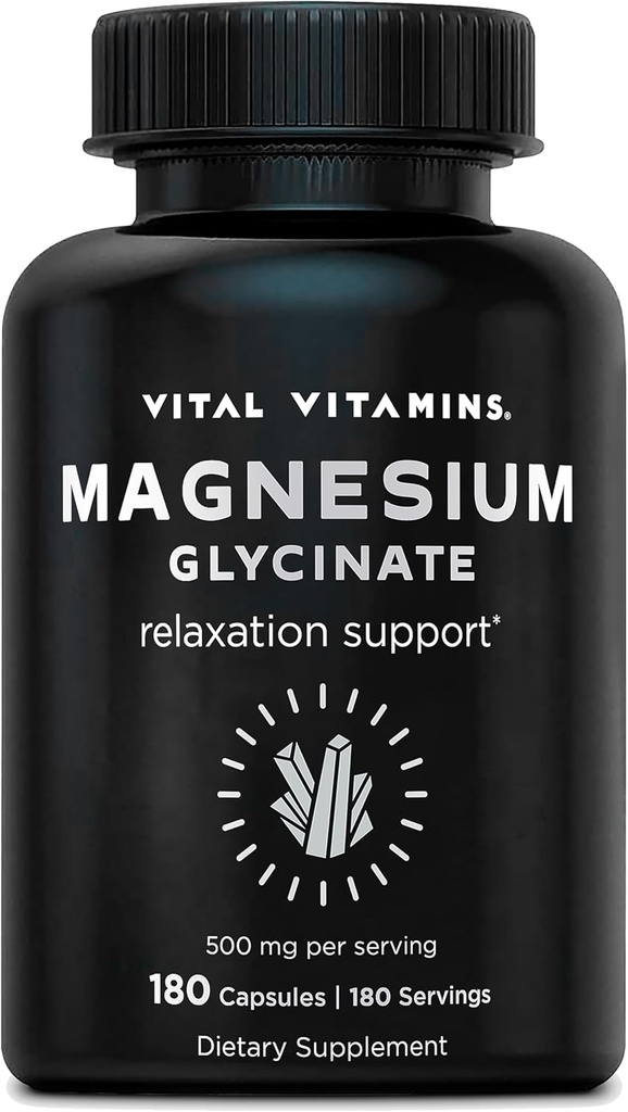 Vital Vitamins Magnesium Glycinate 500mg - High Absorption Formula - Promotes Relaxation, Calmness, & Restful Sleep - Pure Magnesium Supplement for Men & Women - 180 Capsules, Vegan, Non-GMO