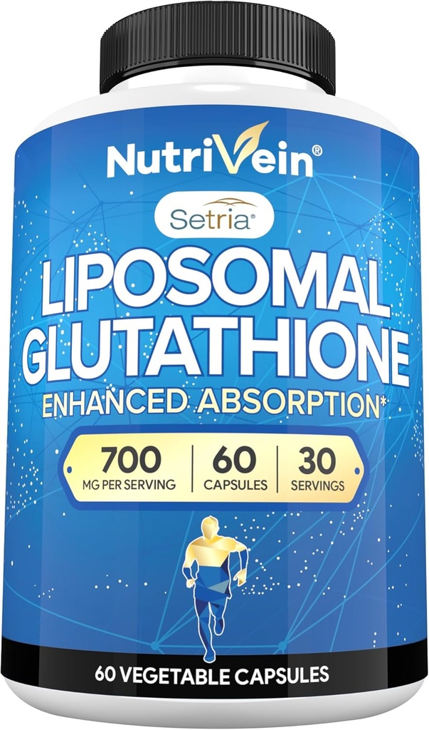 Nutrivein Premium Liposomal Glutathione Supplement 700 mg - 60 Caps - Pure Reduced Glutathione Setria - Master Antioxidant - Cell Protection, Cleansing, Liver, Brain, Vitality, and Defenses