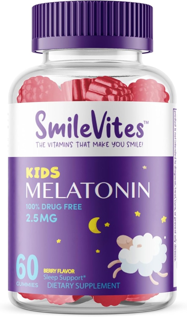 Children's Melatonin Gummies 2.5mg | 100% Drug-Free Sleep Aid | Non-Habit Forming | Supports Restful Sleep & Regular Sleep Cycle | Natural Ingredients | Berry Flavor | 60 Count