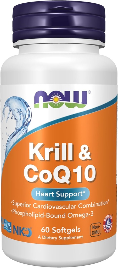 NOW Foods Supplements, Krill & CoQ10, Phospholipid-Bound Omega-3, Heart Support*, 60 Softgels