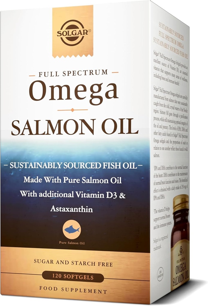 Solgar Wild Alaskan Full Spectrum Omega, 120 Softgels - Supports Heart, Brain, Bone and Skin Health - Provides Vitamin D3 - Rich Source of EPA & DHA - Non GMO, Gluten Free, Dairy Free - 60 Servings