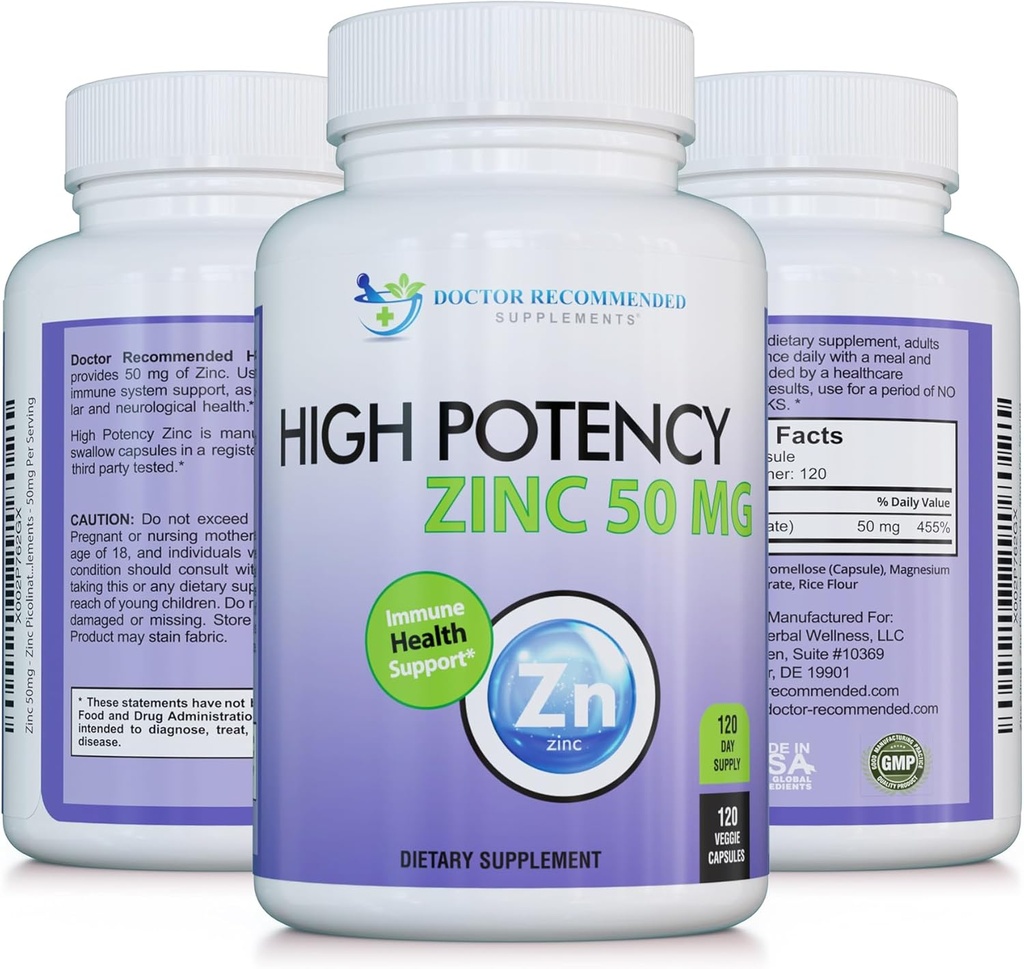 Zinc 50mg - Zinc Picolinate Immune Health Support Supplement 120 Veggie Capsules for Adults and Kids Vitamin, Well-Absorbed High Potency Pure Zinc Supplements - 50mg Per Serving