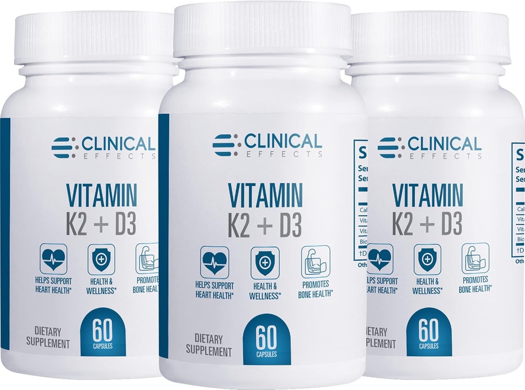 Clinical Effects Vitamin K2 + D3 - K2 + D3 Vitamin Supplement with Bioperine Black Pepper Extract and Calcium for Bone and Heart Health Support - 3 Pack - Max Absorption - Made in The USA
