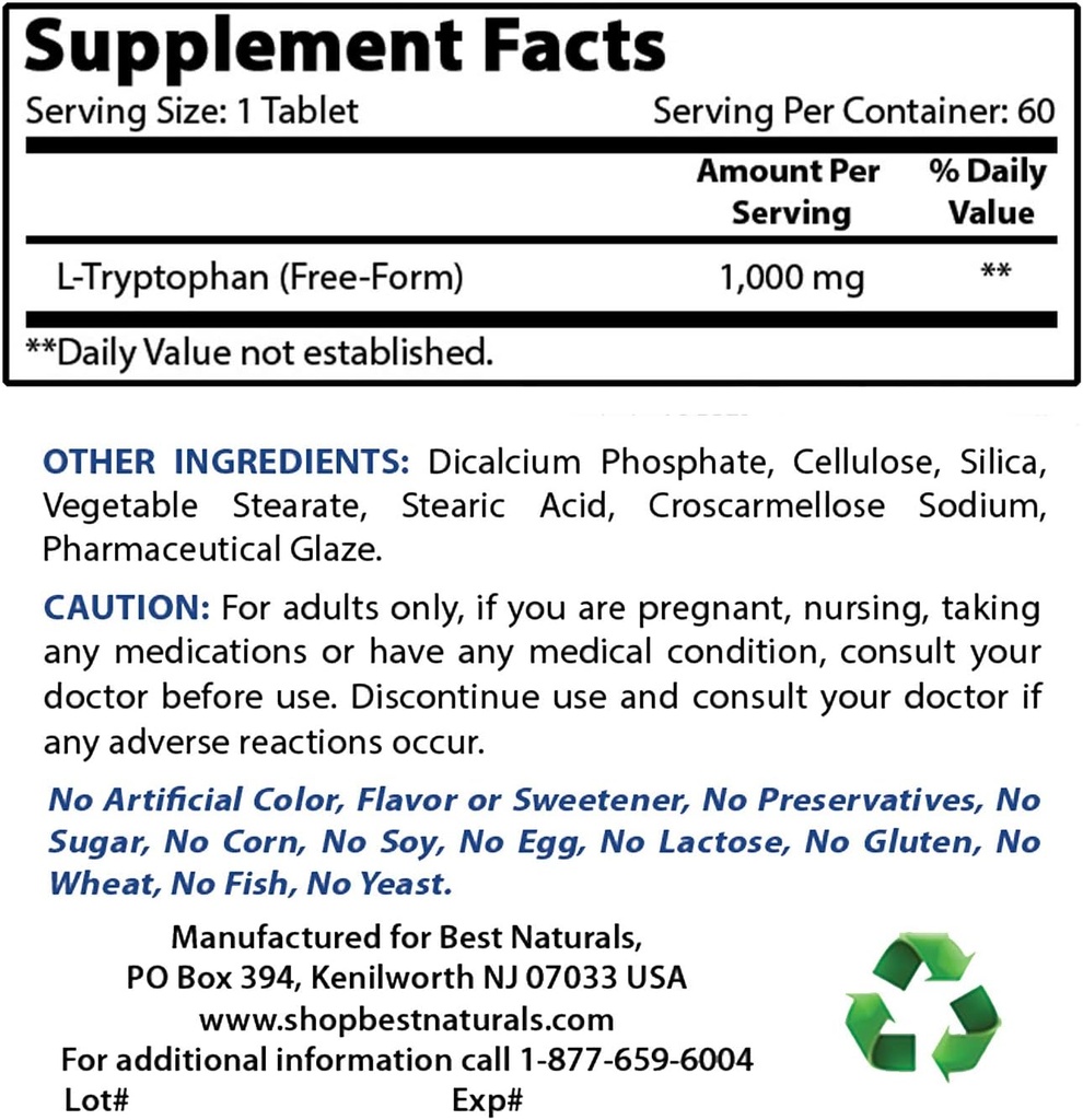 Best Naturals L-Tryptophan 1000 mg & L-Theanine 200mg