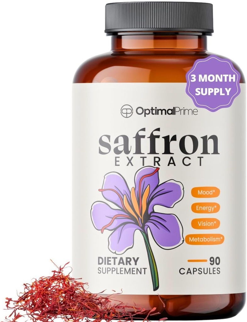 Optimal Prime Saffron Supplement - 100% Pure Saffron Extract 88.5mg - Helps Support Optimal Mood, Energy, and Metabolism, Vegetarian Friendly, Non-GMO, Gluten-Free, Soy-Free, 90 Capsules