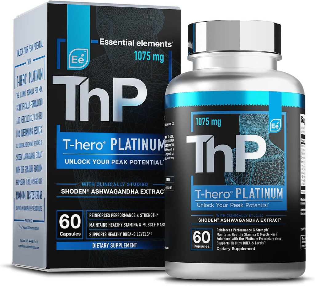 Essential Elements T-Hero Platinum - Daily Testosterone Support for Men - Promotes Vitality & Drive - Testosterone Supplement with Shoden Ashwagandha, Shilajit, Boron, DIM - 60 Count - 30 Servings