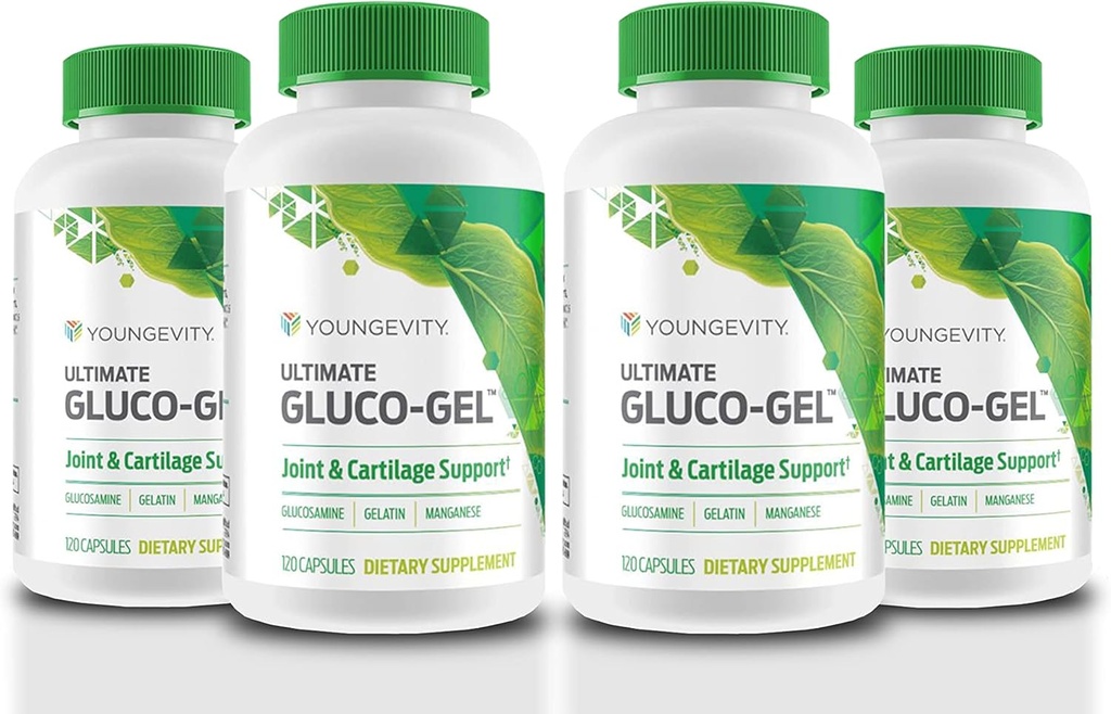 Youngevity Ultimate Gluco-Gel -for Joints, Tendons, Bones & Cartilage | Contains Glucosamine, Gelatin & Manganese | 120 Capsules | 4 Bottles